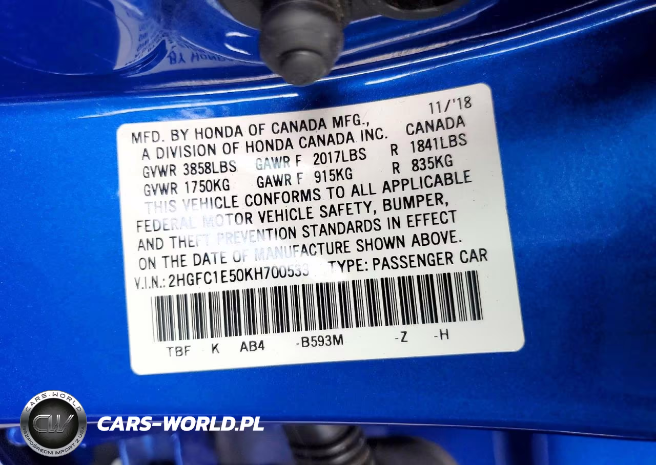 2019 Honda Civic Si VIN:2HGFC1E50KH700533 - 12