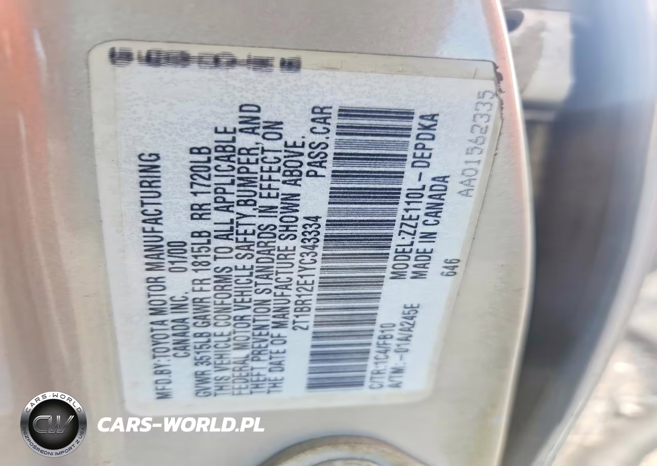 2000 Toyota Corolla Ve VIN:2T1BR12E1YC343334 - 12