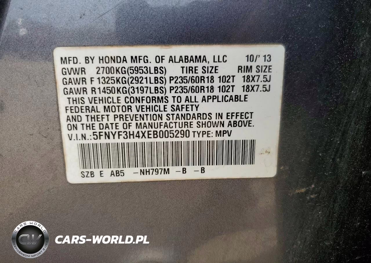 2014 Honda Pilot Ex VIN:5FNYF3H4XEB005290 - 14