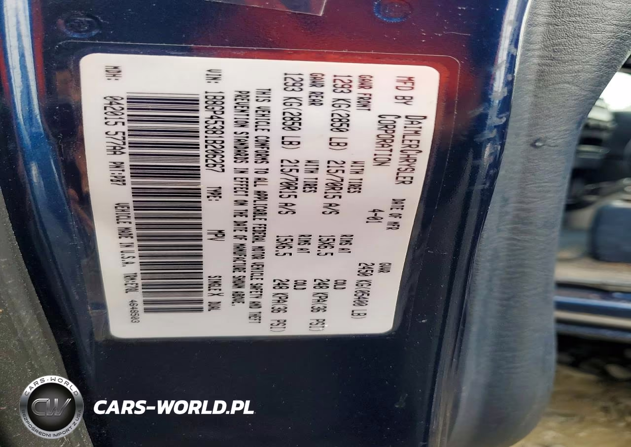 2001 Dodge Caravan Sport VIN:1B8GP45381B206267 - 13
