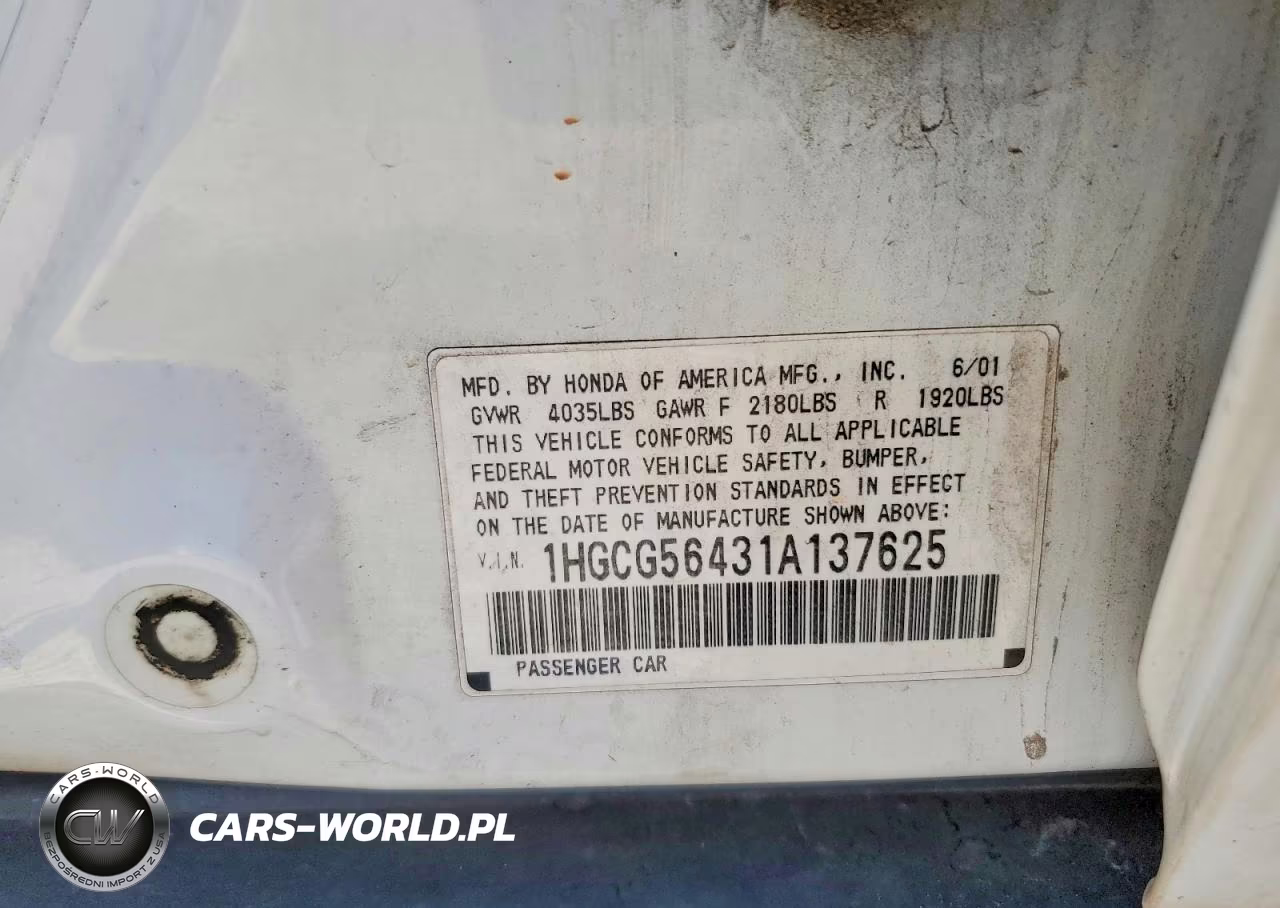 2001 Honda Accord Lx VIN:1HGCG56431A137625 - 12
