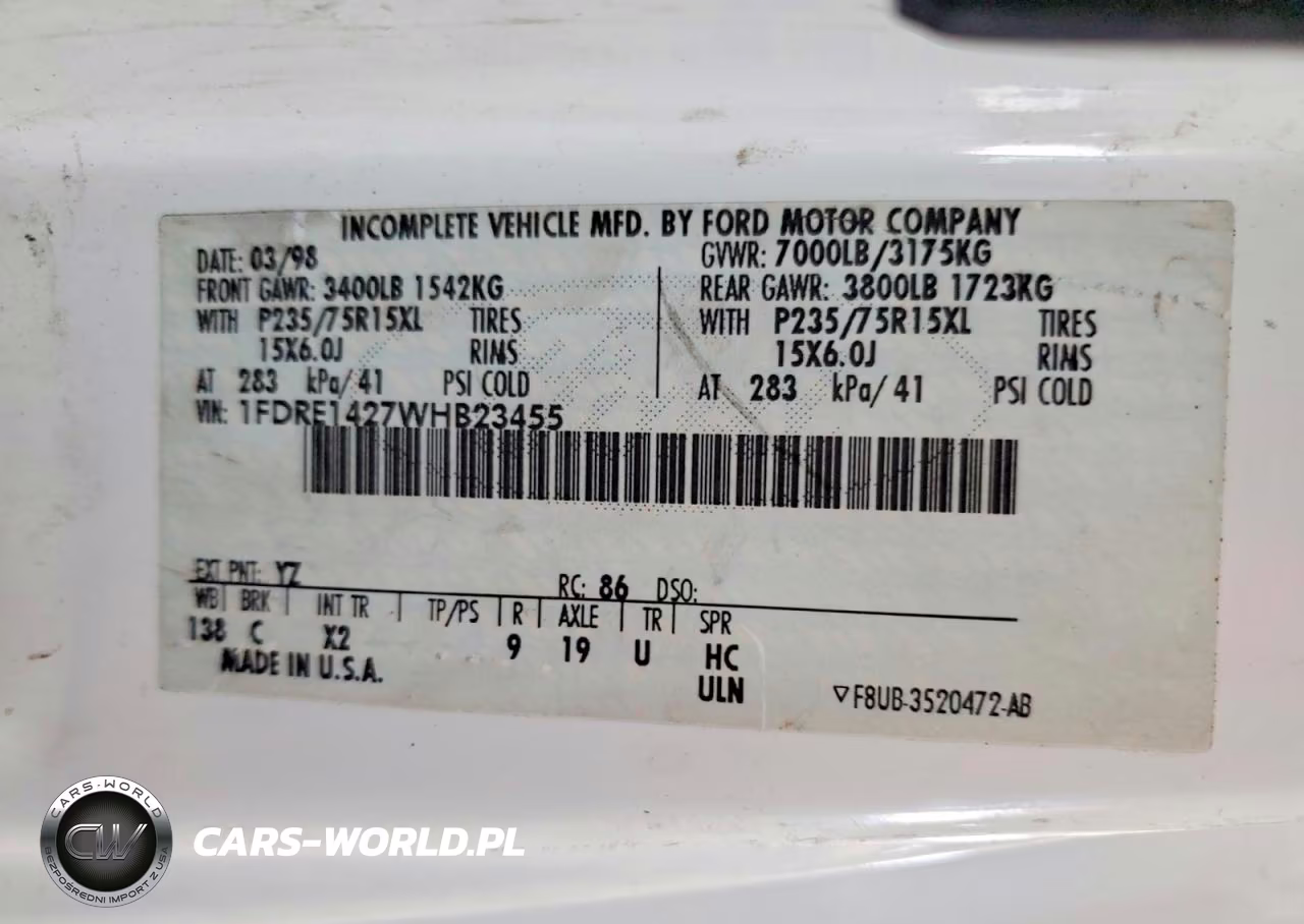 1998 Ford Econoline E150 Van VIN:1FDRE1427WHB23455 - 12
