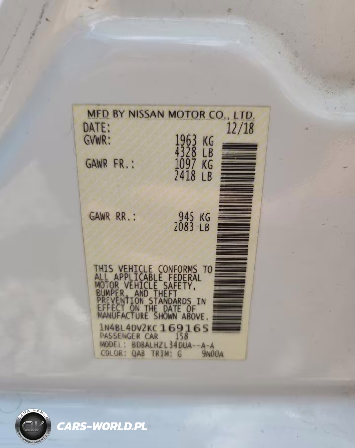 2019 Nissan Altima Sv VIN:1N4BL4DV2KC169165 - 13