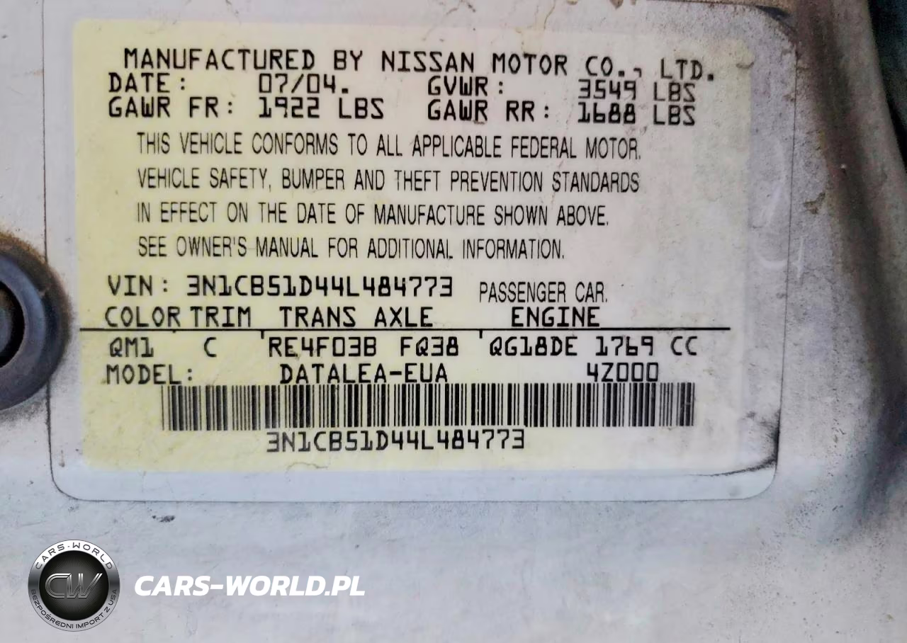 2004 Nissan Sentra 1.8 VIN:3N1CB51D44L484773 - 12