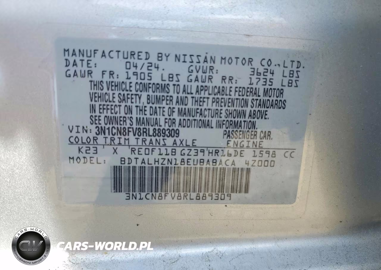 2024 Nissan Versa Sr VIN:3N1CN8FV8RL889309 - 12