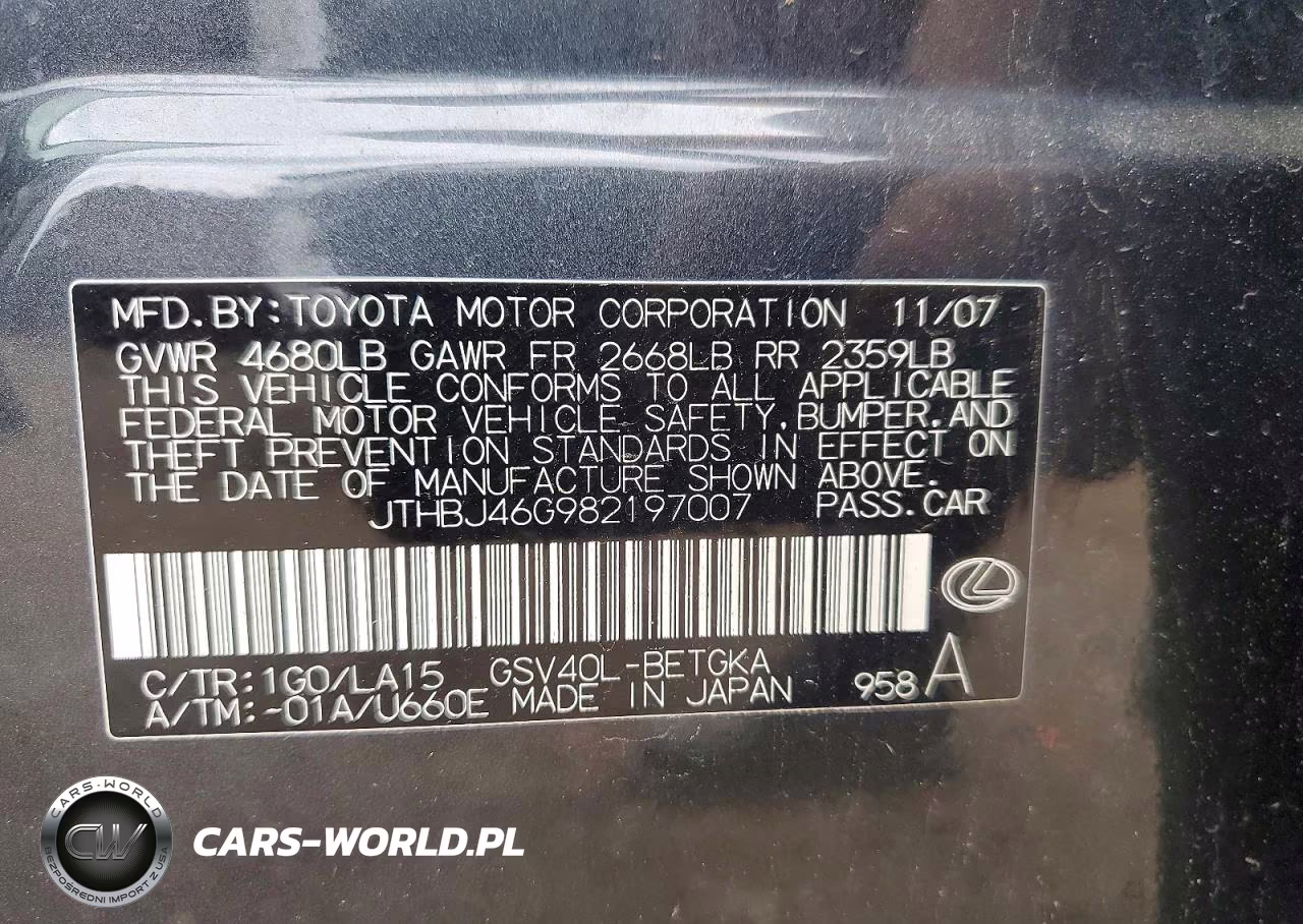 2008 Lexus Es 350 VIN:JTHBJ46G982197007 - 12