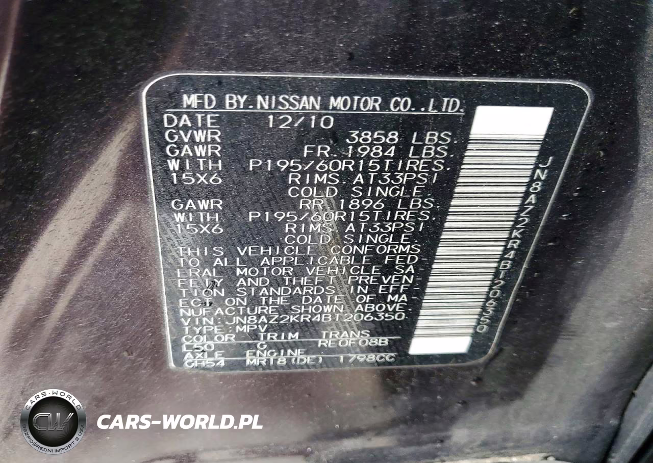 2011 Nissan Cube 1.8 VIN:JN8AZ2KR4BT206350 - 12