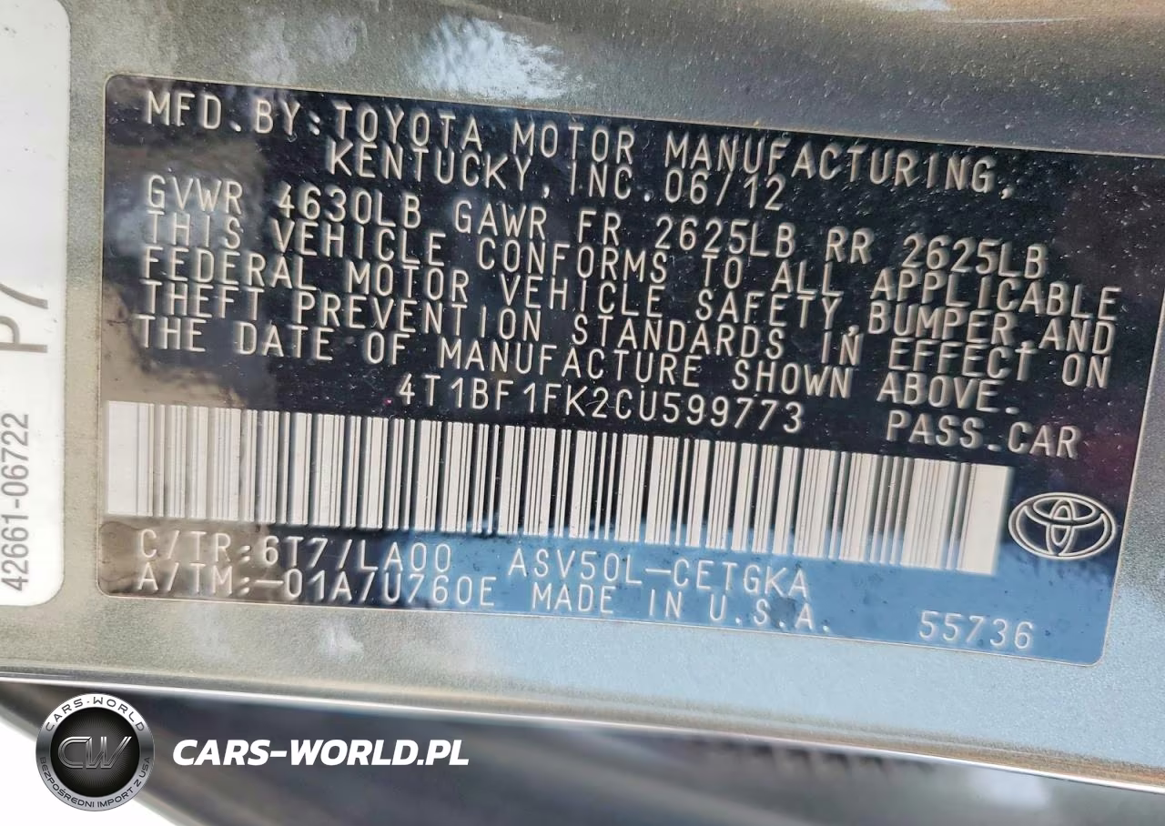 2012 Toyota Camry Xle VIN:4T1BF1FK2CU599773 - 12