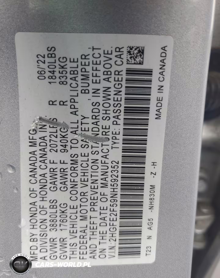 2022 Honda Civic Sport VIN:2HGFE2F59NH592352 - 13