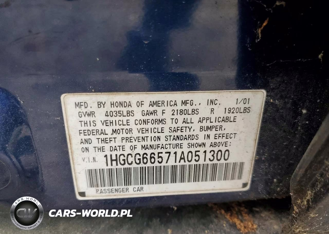 2001 Honda Accord Lx VIN:1HGCG66571A051300 - 12