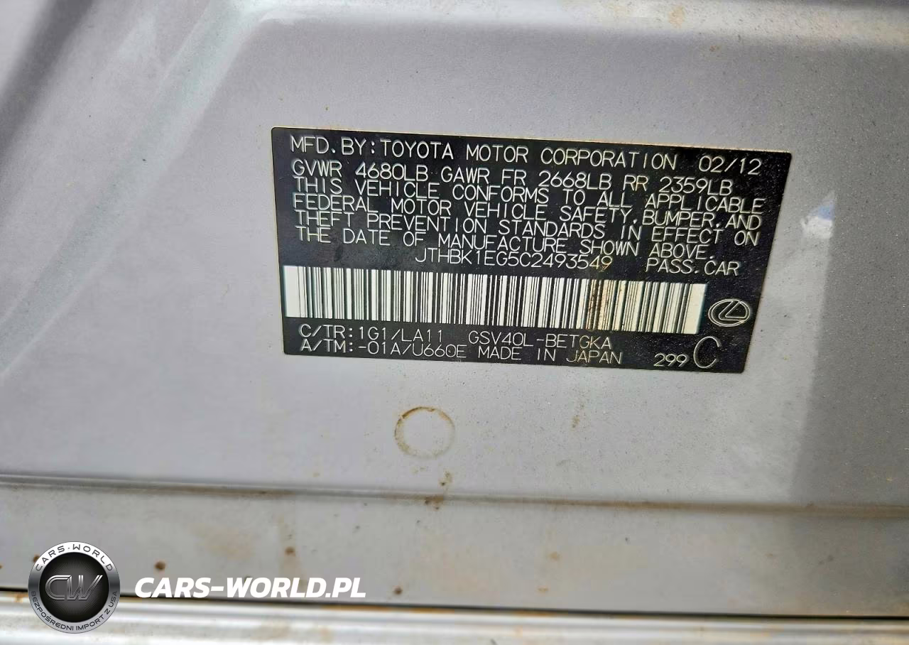 2012 Lexus Es 350 VIN:JTHBK1EG5C2493549 - 13