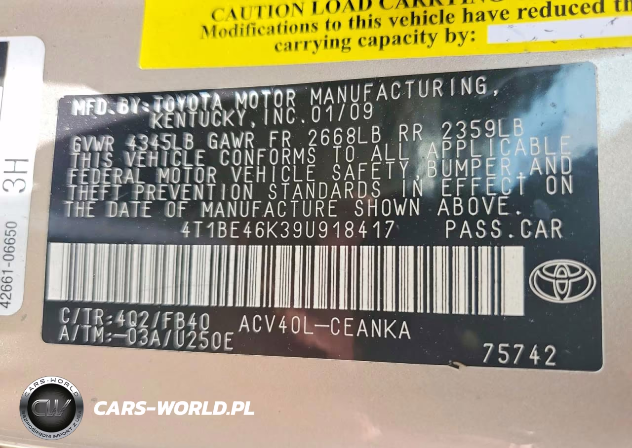 2009 Toyota Camry Le VIN:4T1BE46K39U918417 - 12
