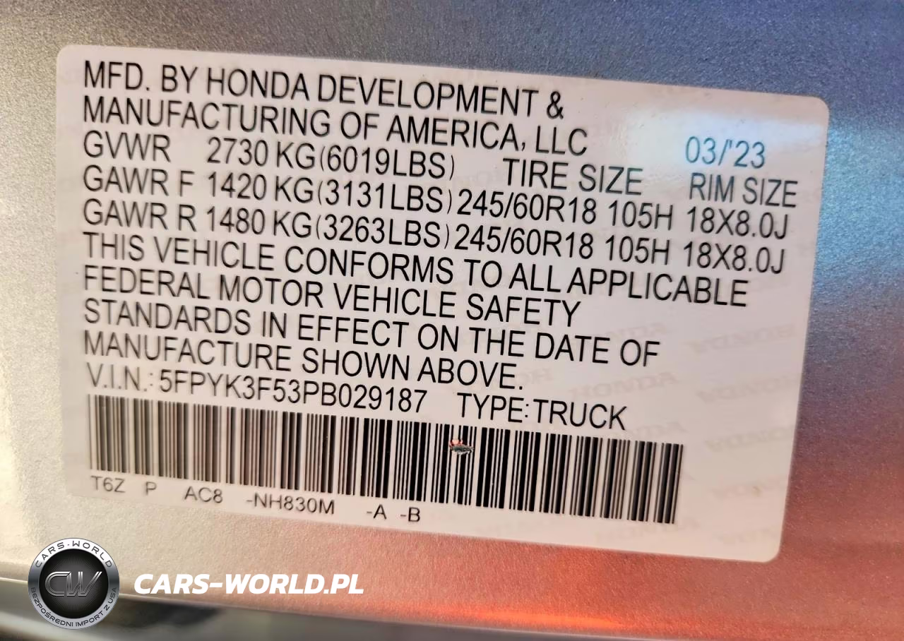 2023 Honda Ridgeline Rtl VIN:5FPYK3F53PB029187 - 12