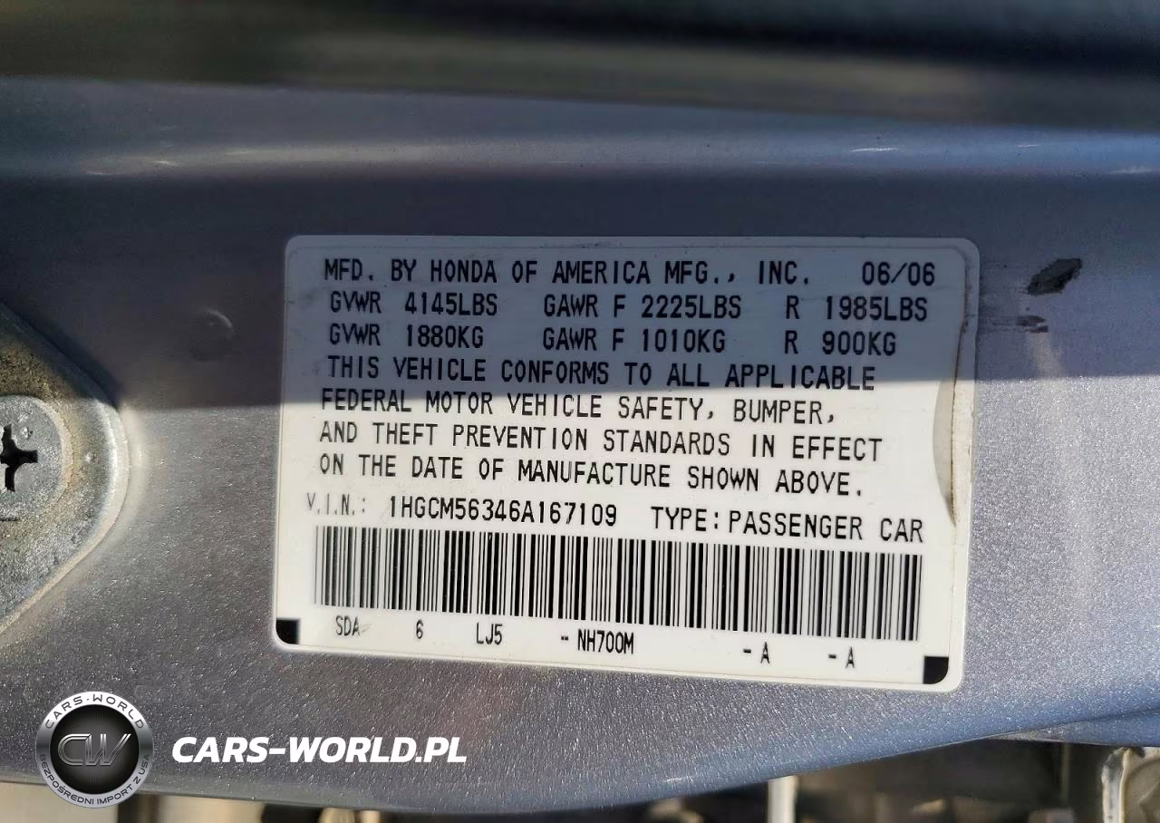 2006 Honda Accord Se VIN:1HGCM56346A167109 - 12