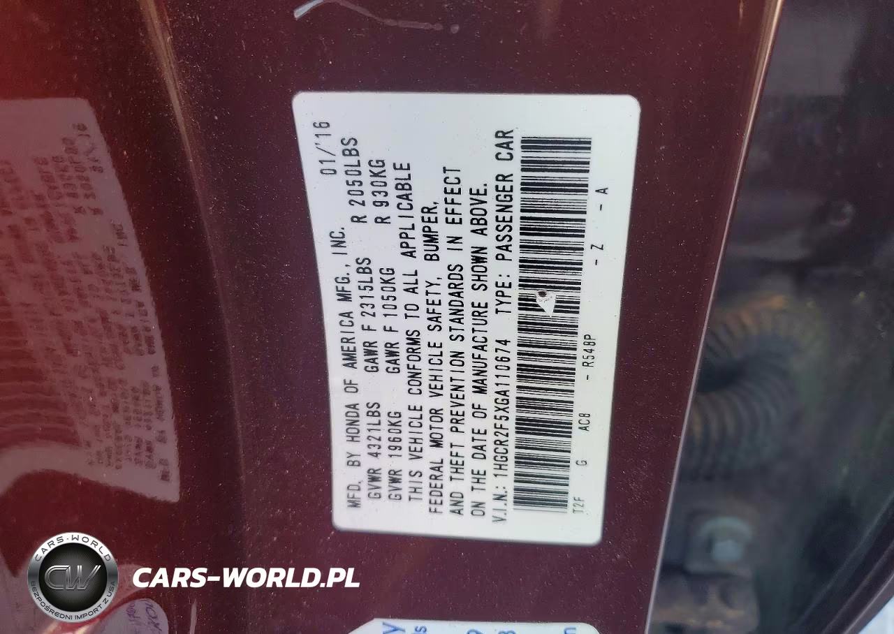2016 Honda Accord Sport VIN:1HGCR2F5XGA110674 - 12