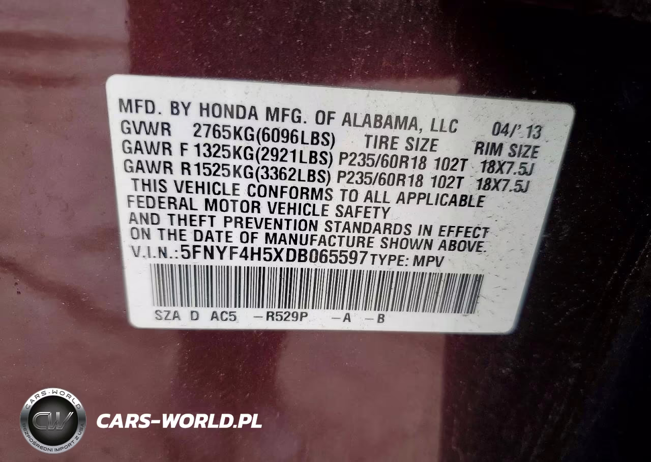 2013 Honda Pilot Exl VIN:5FNYF4H5XDB065597 - 13