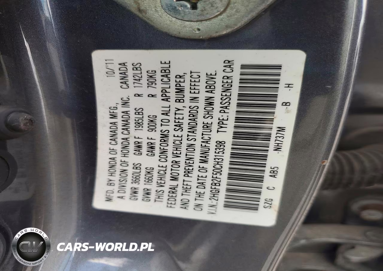 2012 Honda Civic Lx VIN:2HGFB2F50CH315398 - 12