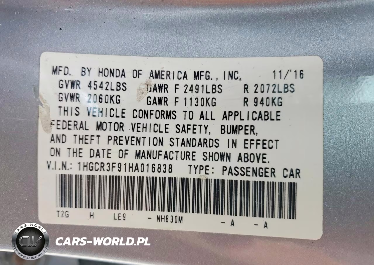 2017 Honda Accord Touring VIN:1HGCR3F91HA016838 - 12