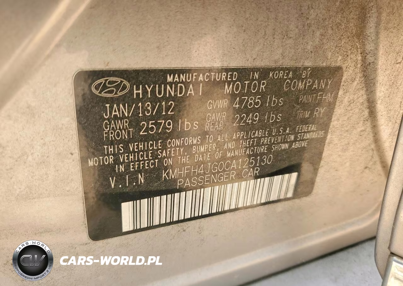 2012 Hyundai Azera Base VIN:KMHFH4JG0CA125130 - 13
