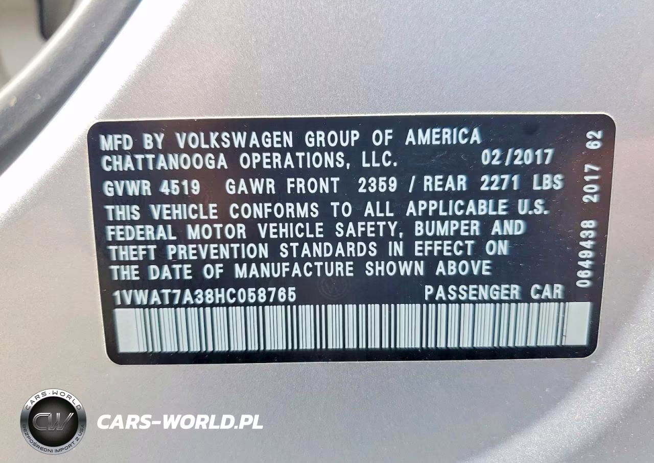 2017 Volkswagen Passat S VIN:1VWAT7A38HC058765 - 12