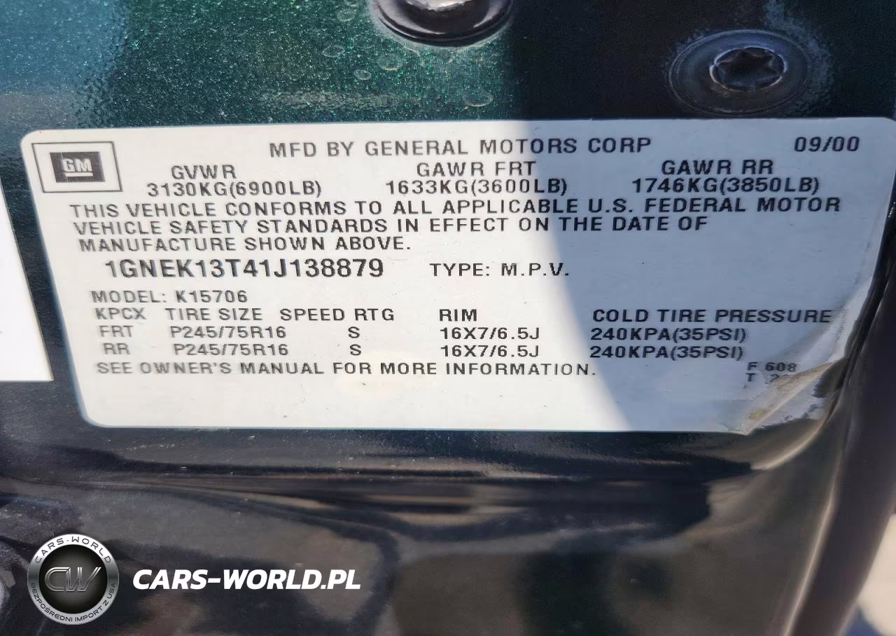 2001 Chevrolet Tahoe K1500 VIN:1GNEK13T41J138879 - 13