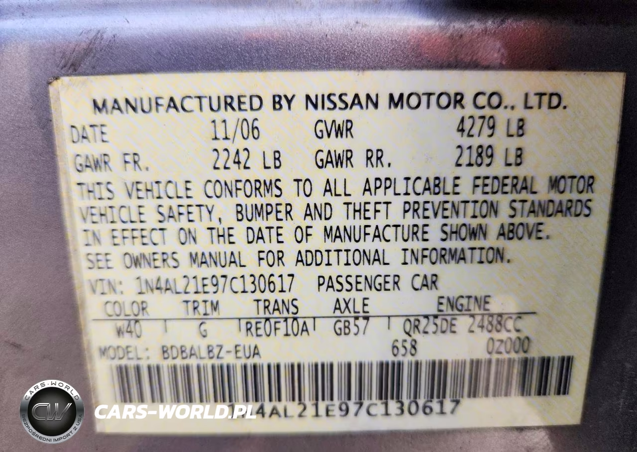 2007 Nissan Altima 2.5 VIN:1N4AL21E97C130617 - 12