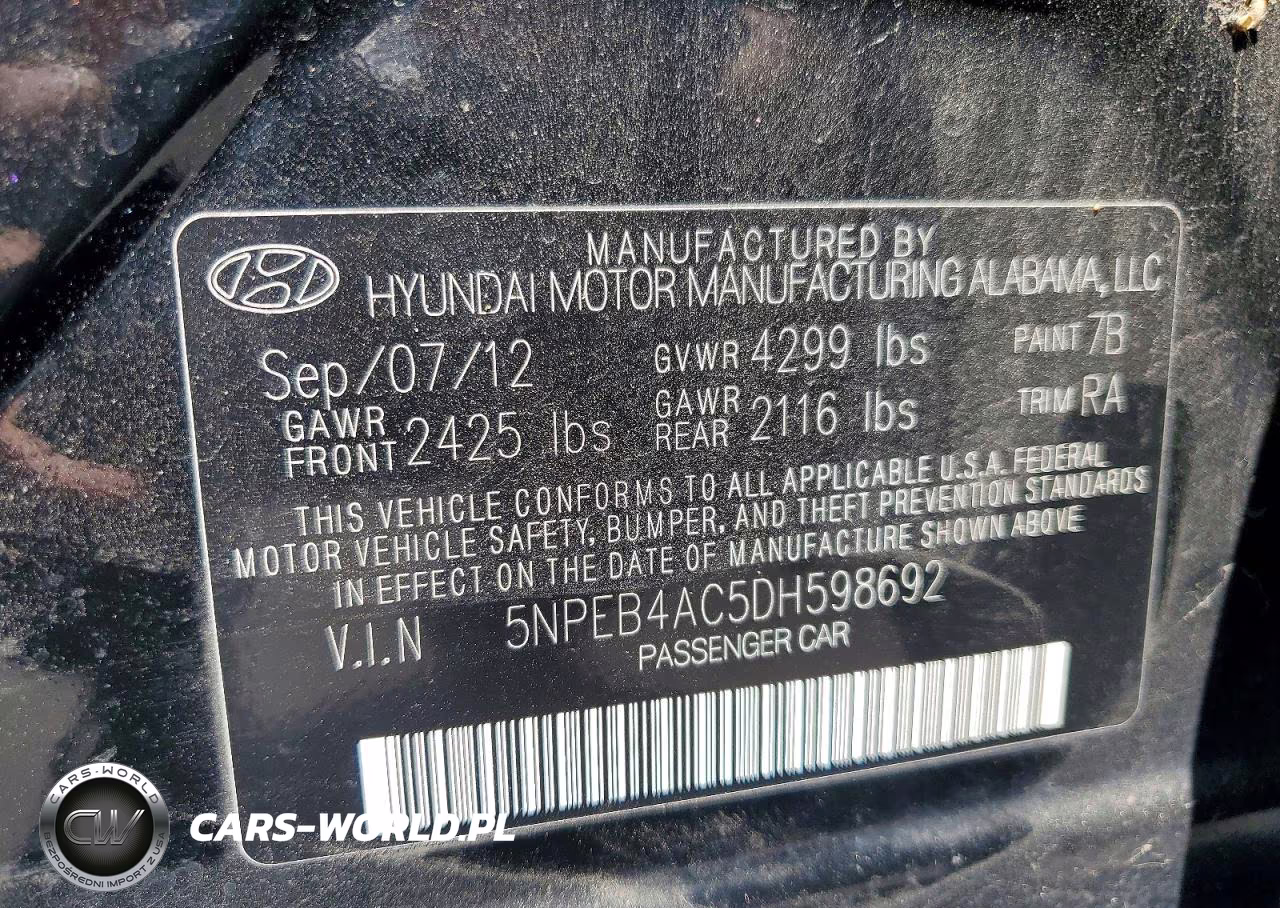2013 Hyundai Sonata Gls VIN:5NPEB4AC5DH598692 - 12