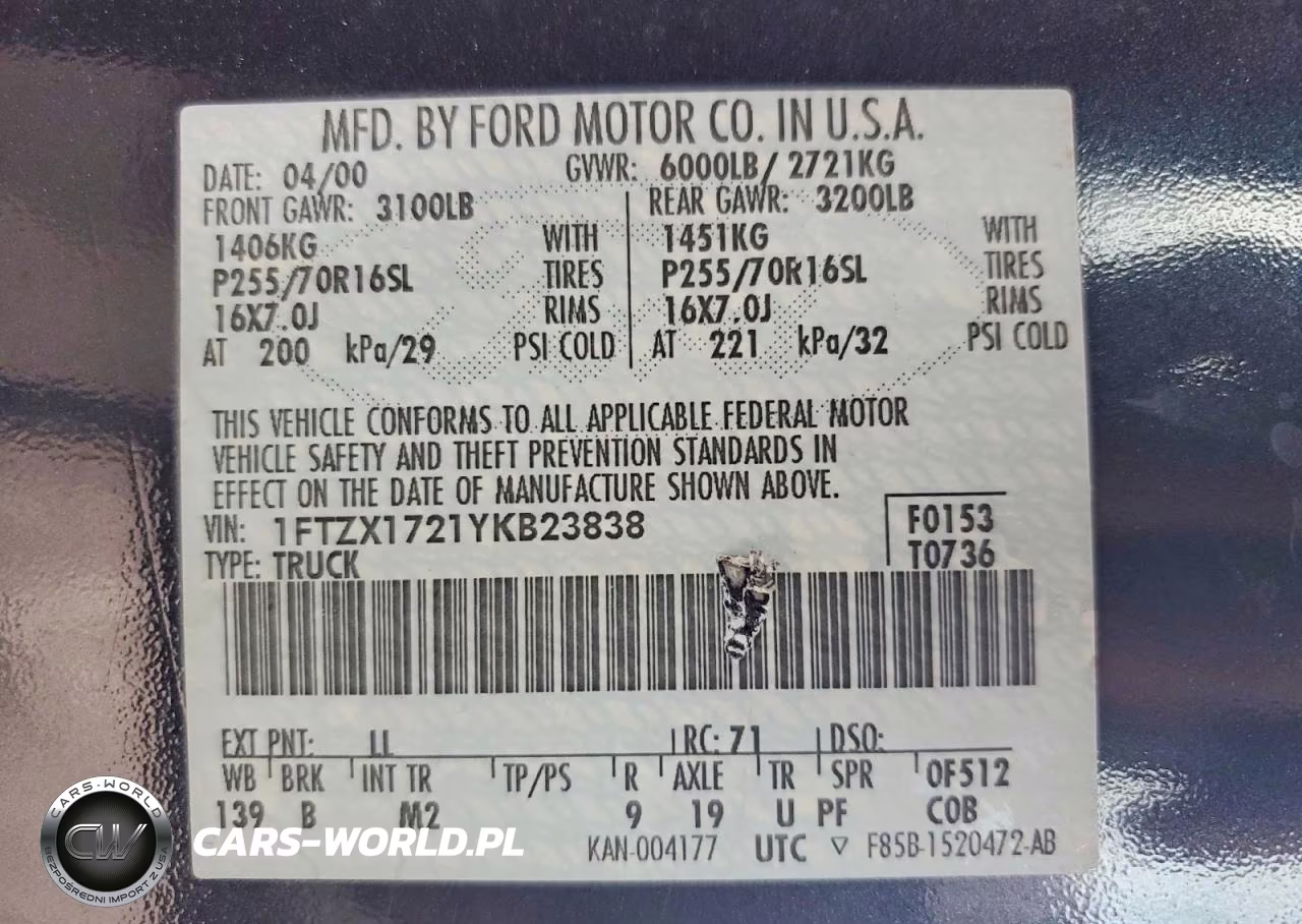 2000 Ford F150 VIN:1FTZX1721YKB23838 - 12