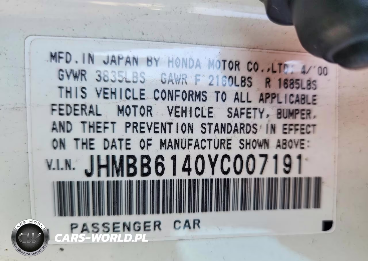 2000 Honda Prelude VIN:JHMBB6140YC007191 - 12