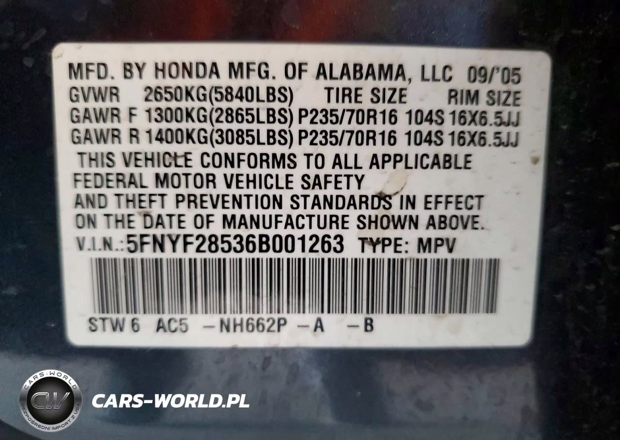 2006 Honda Pilot Ex VIN:5FNYF28536B001263 - 13