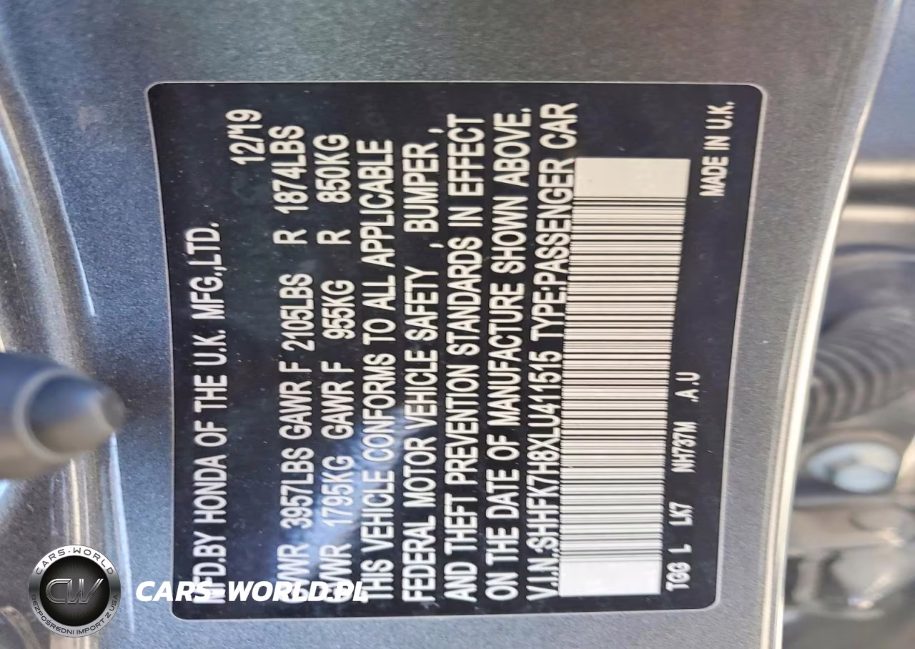 2020 Honda Civic Exl VIN:SHHFK7H8XLU411515 - 12