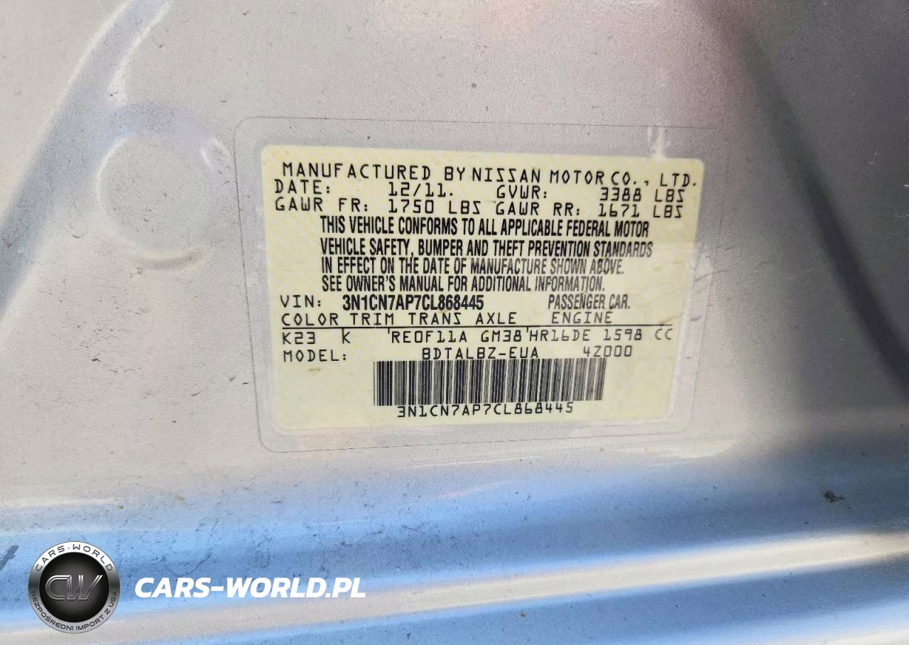 2012 Nissan Versa 1.6 S VIN:3N1CN7AP7CL868445 - 12