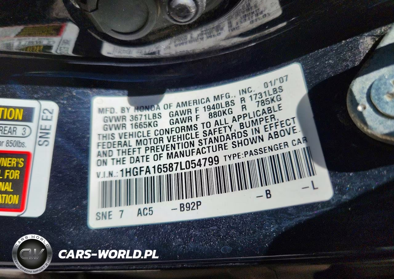 2007 Honda Civic Lx VIN:1HGFA16587L054799 - 12