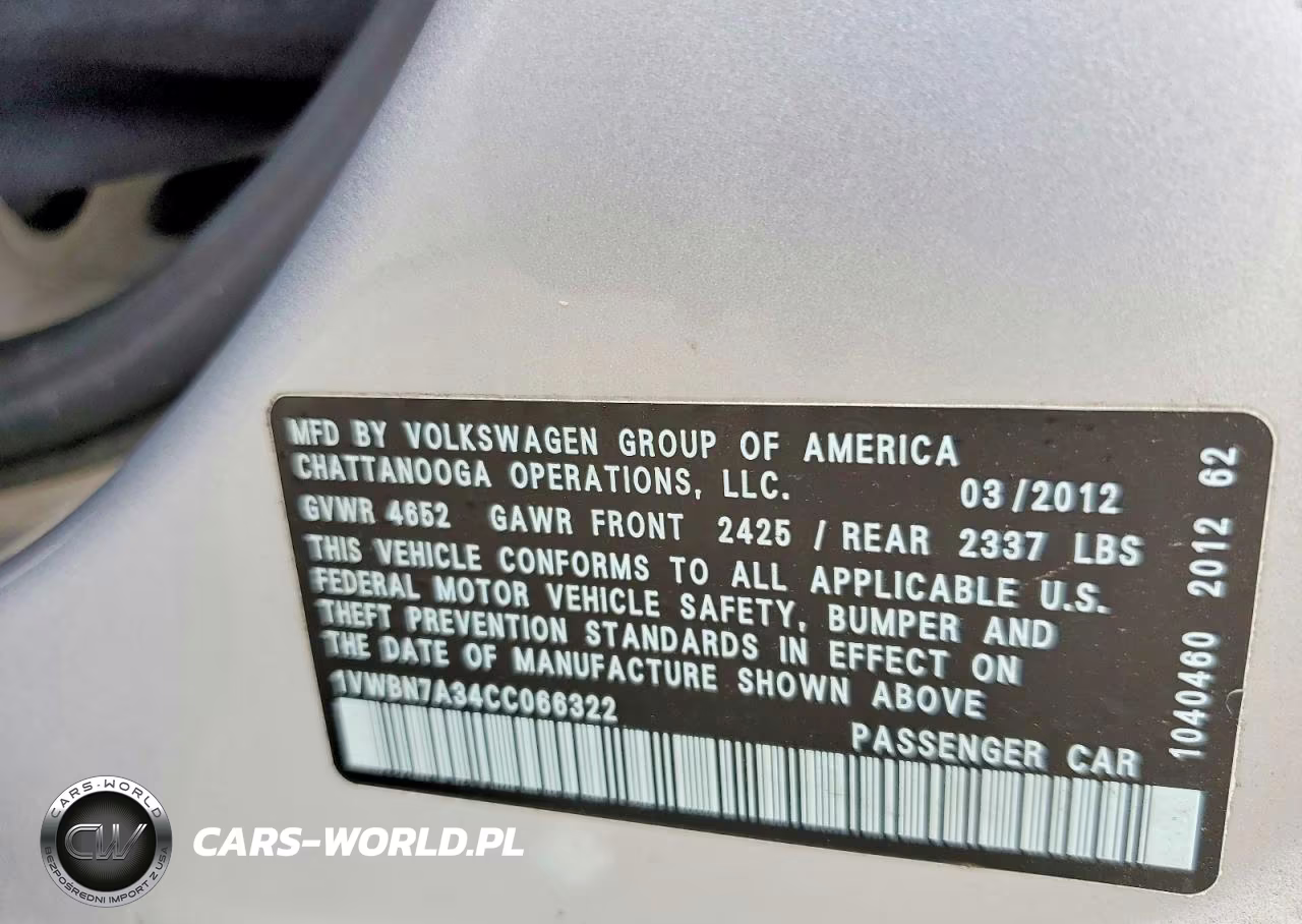 2012 Volkswagen Passat Se VIN:1VWBN7A34CC066322 - 12