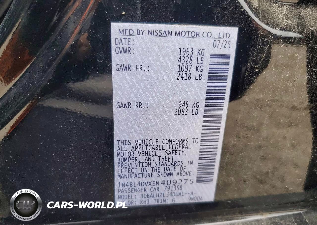 2025 Nissan Altima Sv VIN:1N4BL4DVXSN409275 - 12