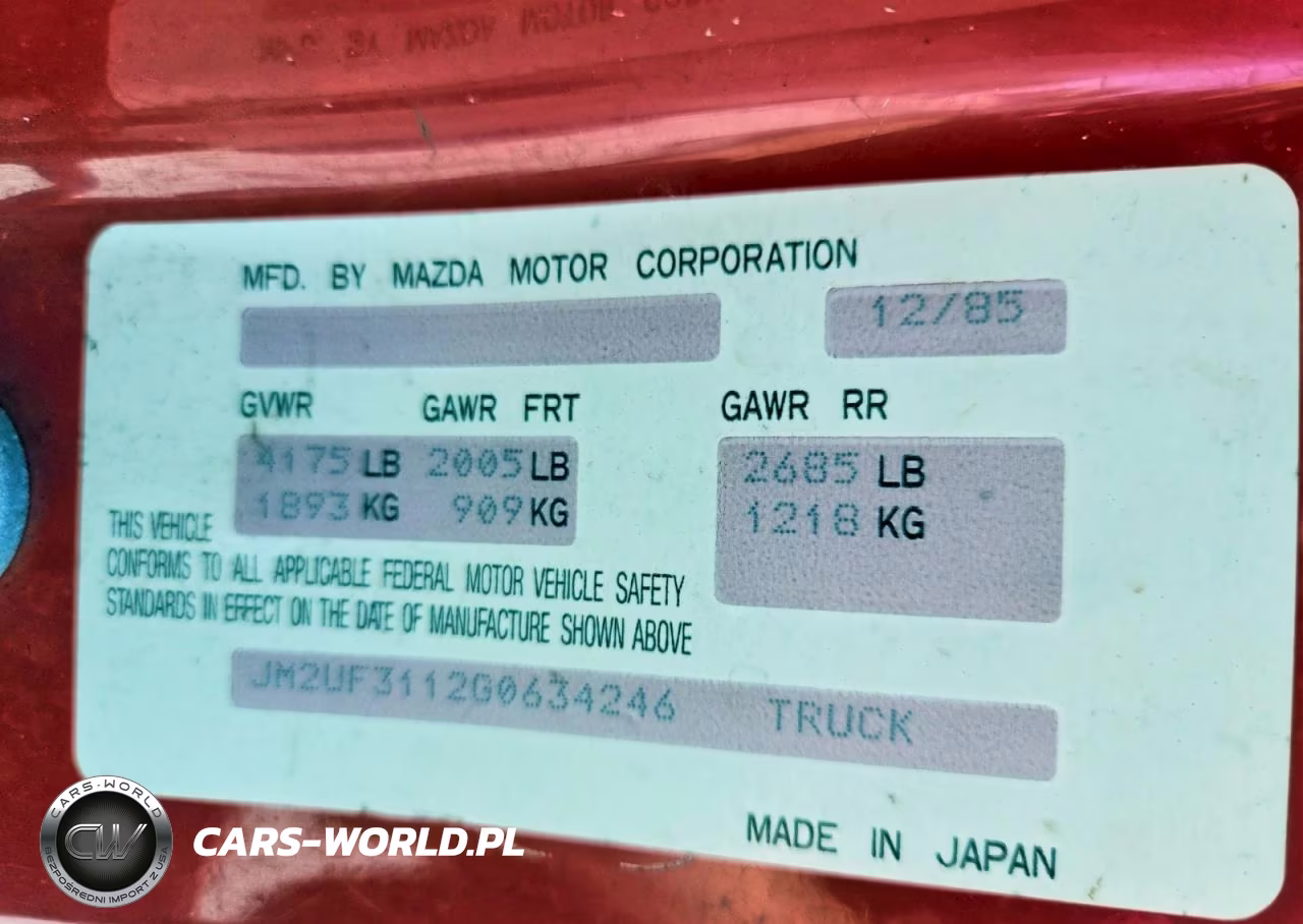 1986 Mazda B2000 Long Bed VIN:JM2UF3112G0634246 - 12