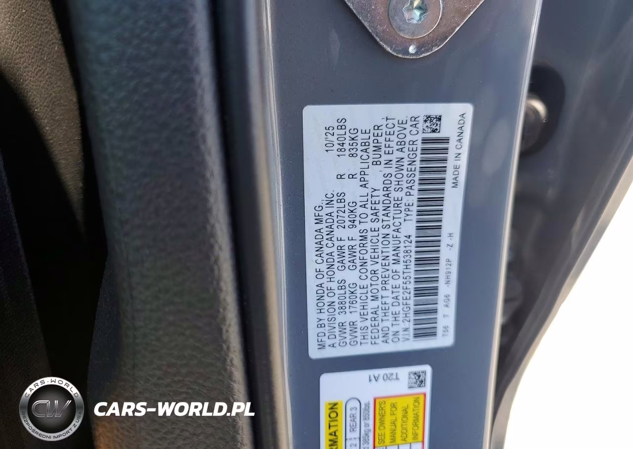 2026 Honda Civic Sport VIN:2HGFE2F55TH538124 - 12