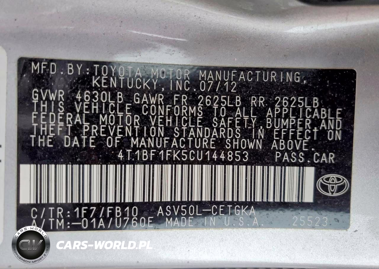 2012 Toyota Camry Xle VIN:4T1BF1FK5CU144853 - 12