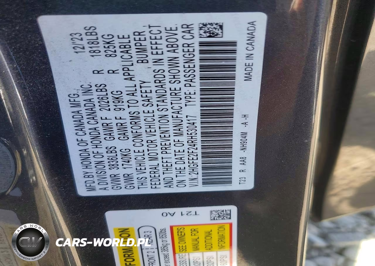2024 Honda Civic Lx VIN:2HGFE2F24RH530417 - 12