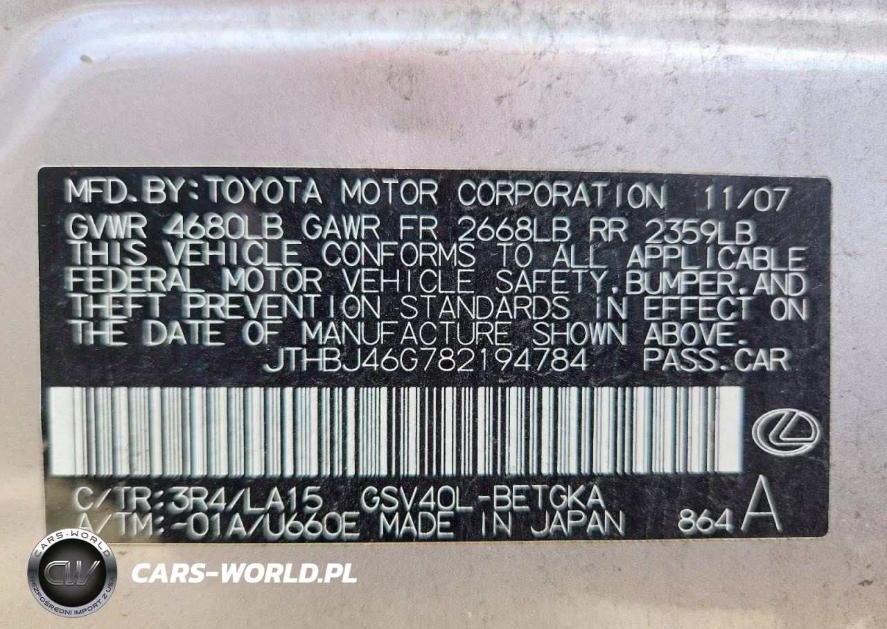 2008 Lexus Es 350 VIN:JTHBJ46G782194784 - 12