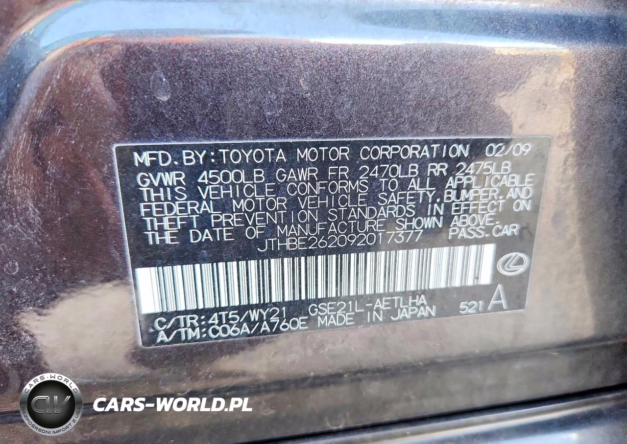 2009 Lexus Is 350 VIN:JTHBE262092017377 - 12