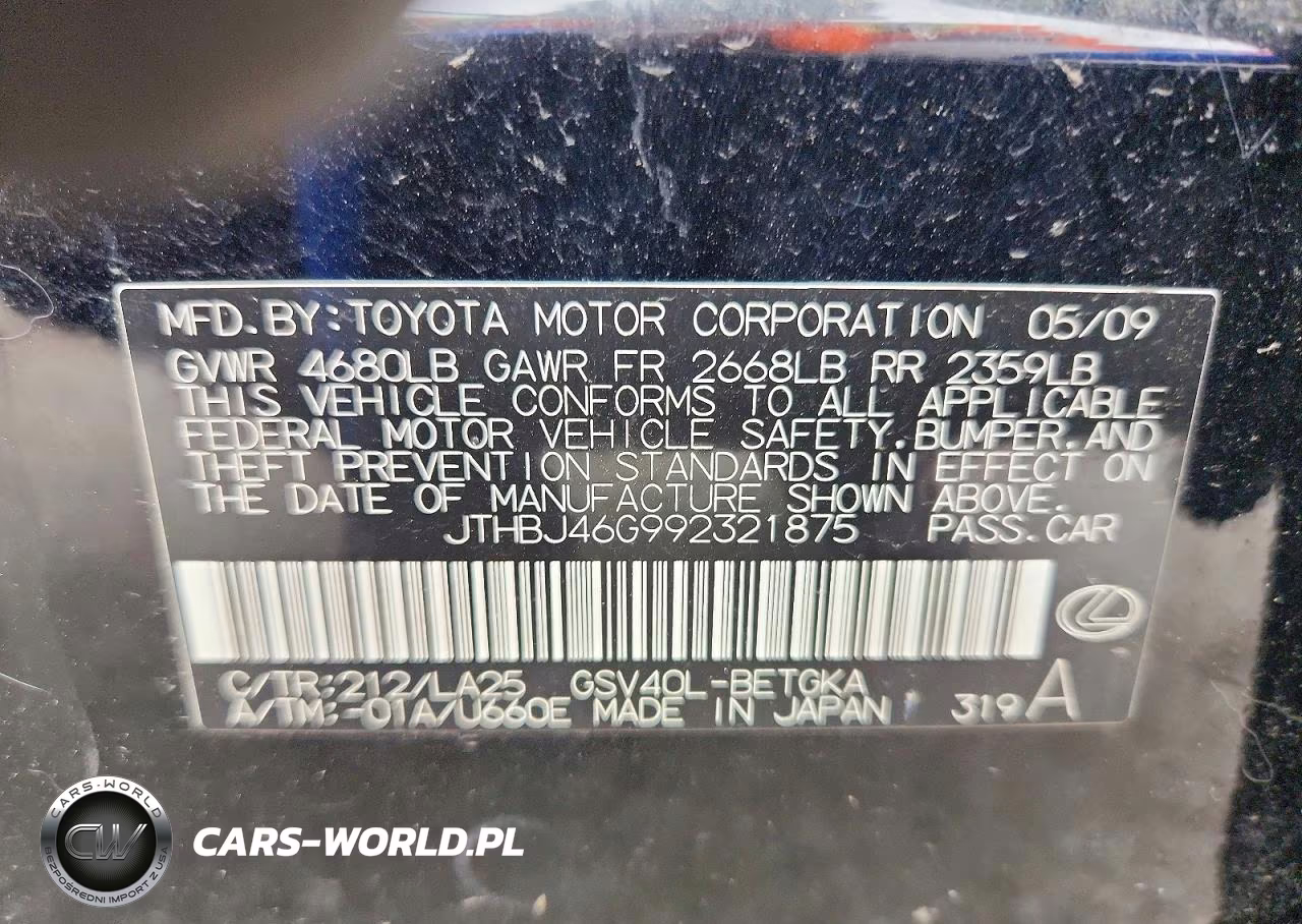 2009 Lexus Es 350 VIN:JTHBJ46G992321875 - 12