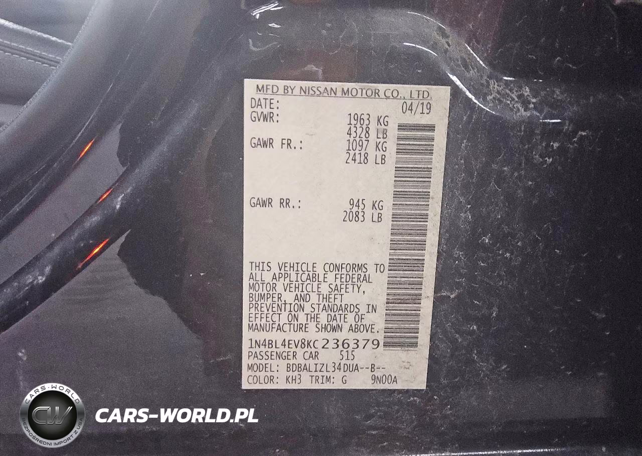 2019 Nissan Altima Sl VIN:1N4BL4EV8KC236379 - 12