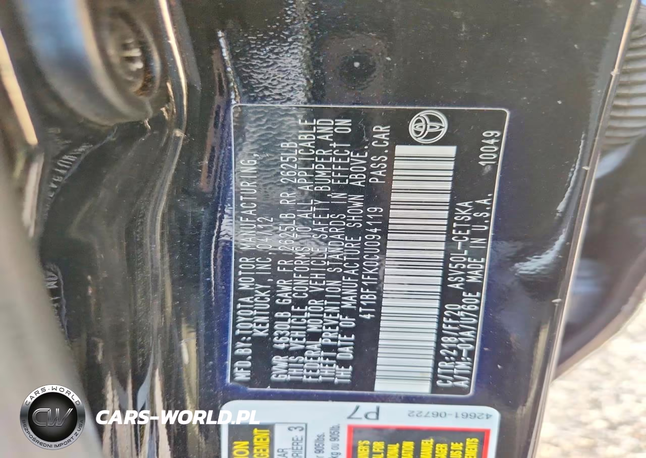 2012 Toyota Camry Se VIN:4T1BF1FK0CU094119 - 12