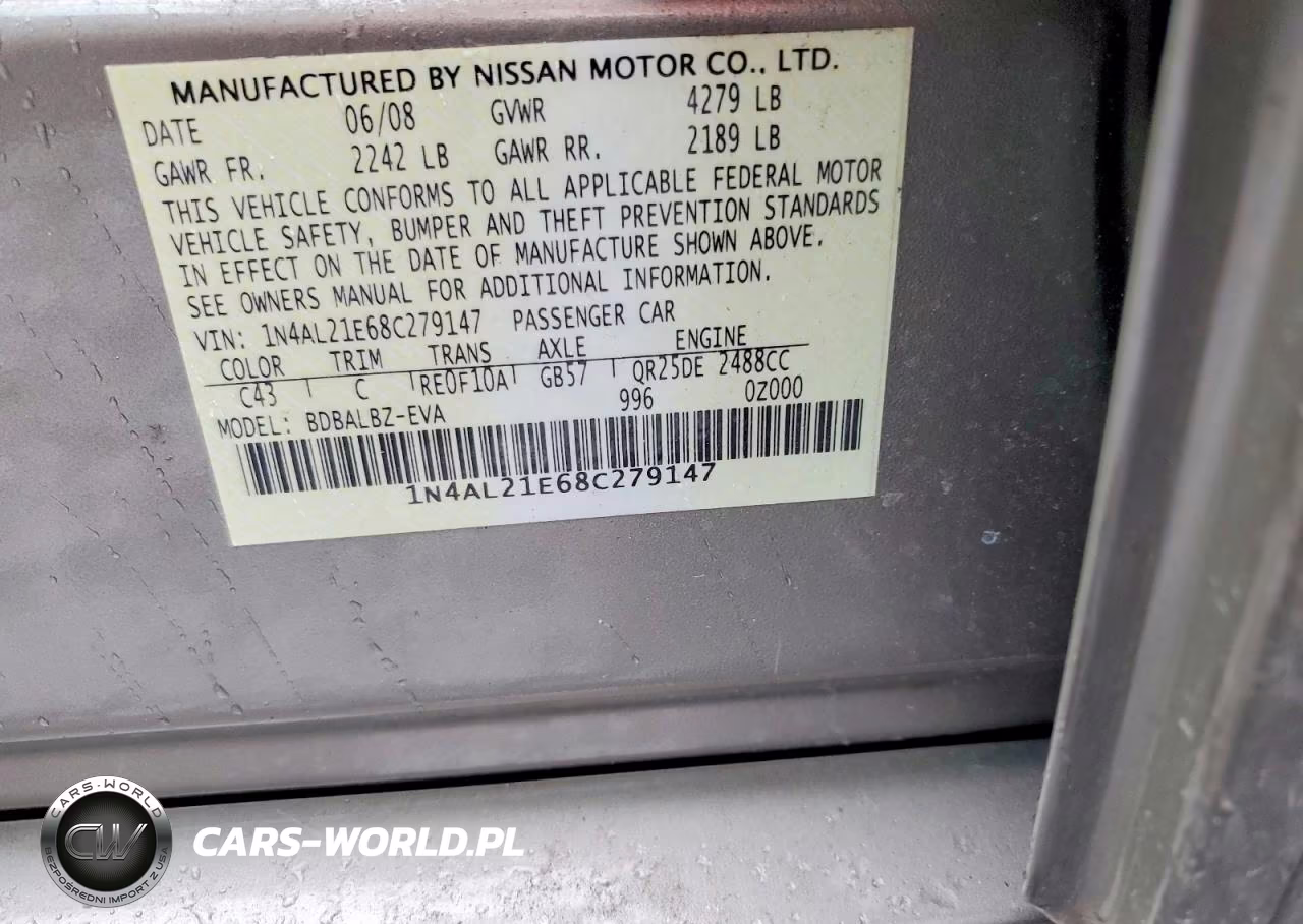 2008 Nissan Altima 2.5 VIN:1N4AL21E68C279147 - 12