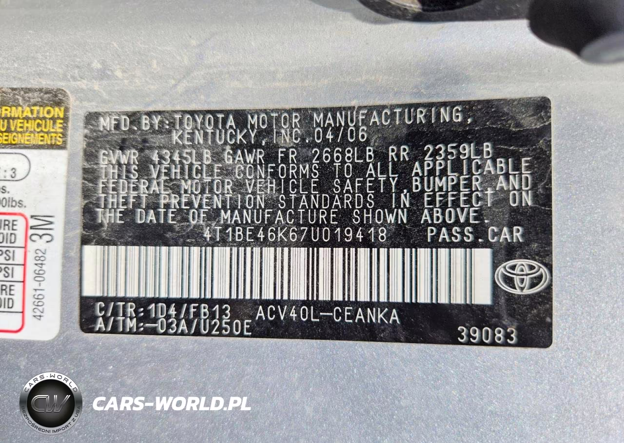 2007 Toyota Camry Ce VIN:4T1BE46K67U019418 - 12