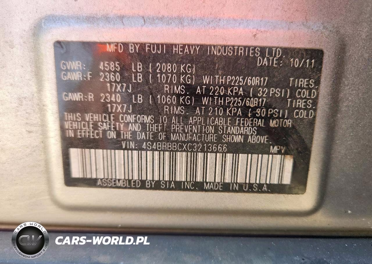 2012 Subaru Outback 2.5I Premium VIN:4S4BRBBCXC3213666 - 12