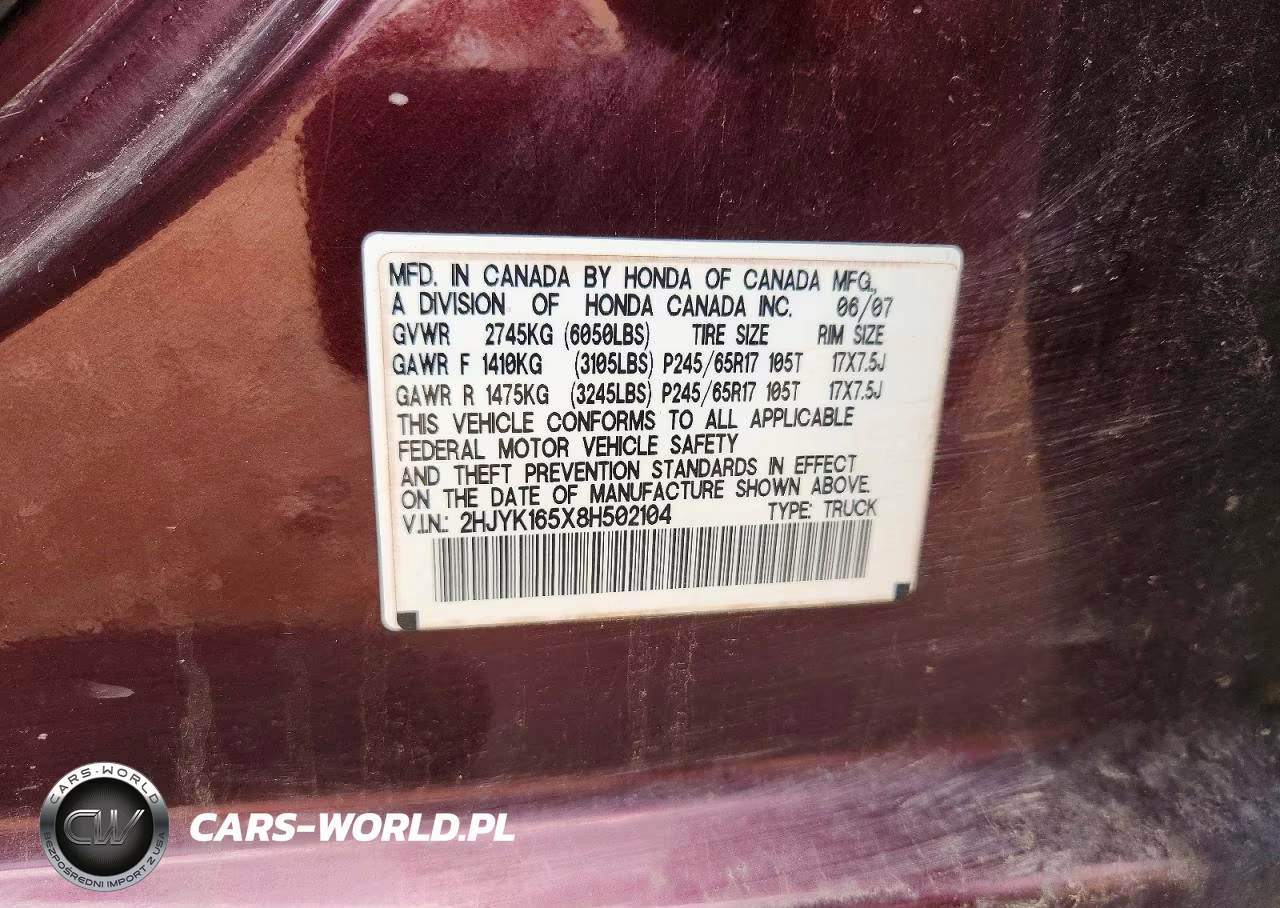 2008 Honda Ridgeline Rtl VIN:2HJYK165X8H502104 - 12