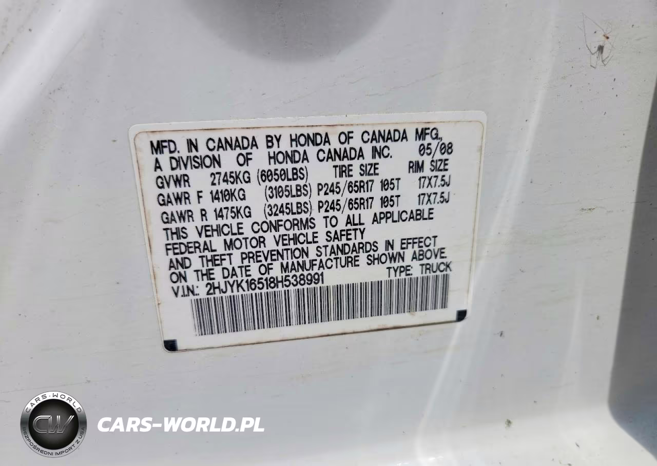 2008 Honda Ridgeline Rtl VIN:2HJYK16518H538991 - 12