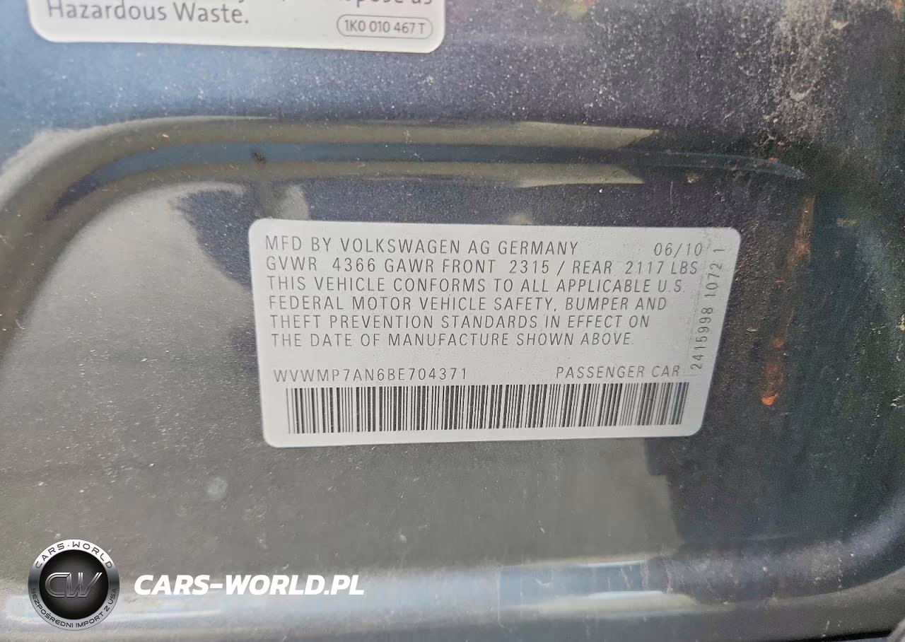 2011 Volkswagen Cc Sport VIN:WVWMP7AN6BE704371 - 12